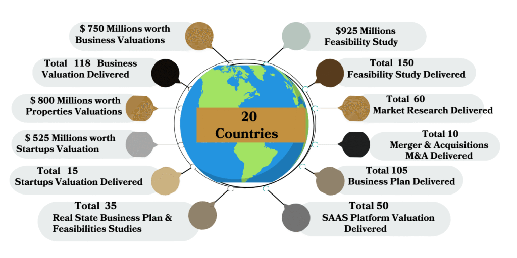 Infographic of business valuations, feasibility studies, market research, and startup valuations across 20 countries.