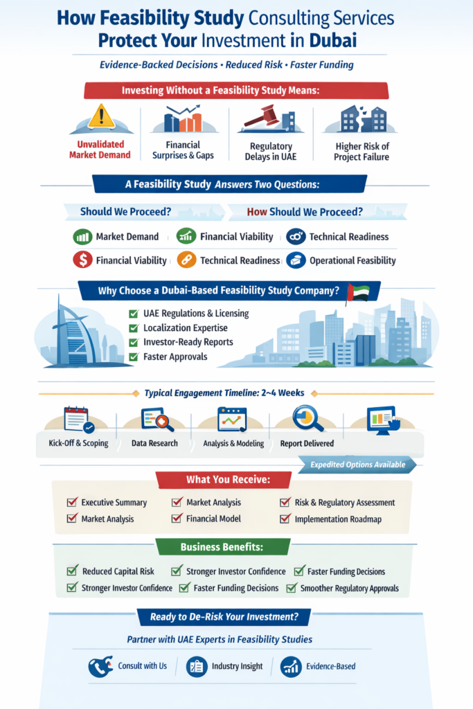A visual infographic explaining how a Dubai-based feasibility study company helps investors validate market demand, financial viability, and regulatory readiness.