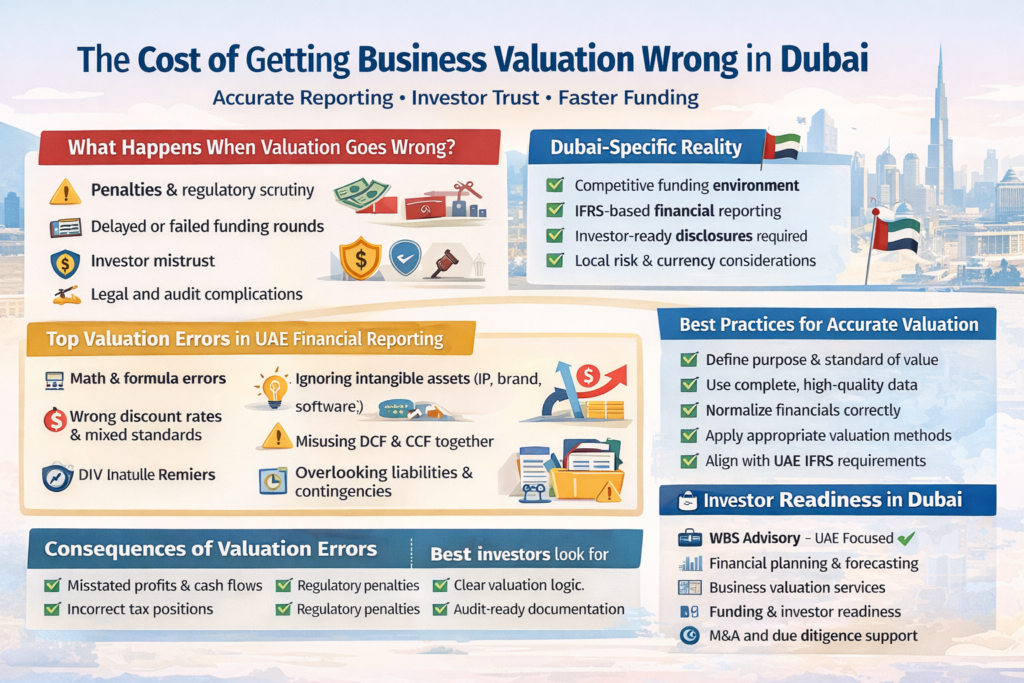 A landscape infographic explaining how incorrect business valuations in Dubai can lead to penalties, delayed funding, investor mistrust, and compliance issues.