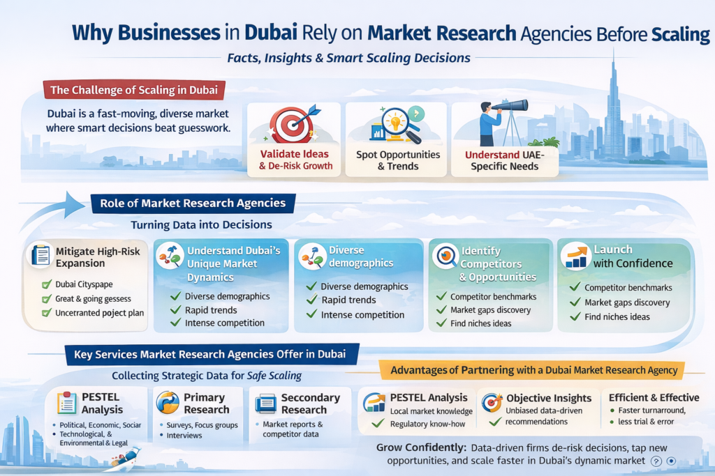 A landscape infographic explaining how market research agencies in Dubai help businesses reduce scaling risk through customer insights, competitor analysis, and feasibility studies.